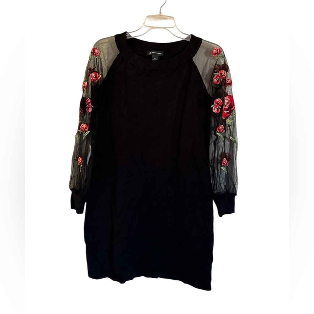 INC International Concepts Black Dress with Sheer Red Floral Sleeves